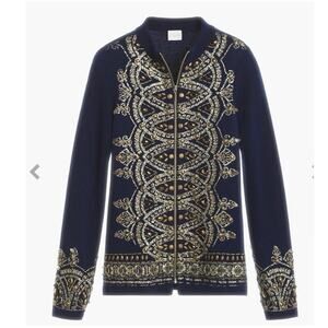Chico’s Demitria Cardigan Navy Gold Beaded Embroidered Zip Jacket Sz 1